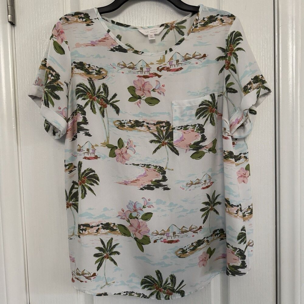 LC LAUREN CONRAD Tropical Floral Hawaiian Blouse Top Pocket Women’s Size Medium - Picture 6 of 8